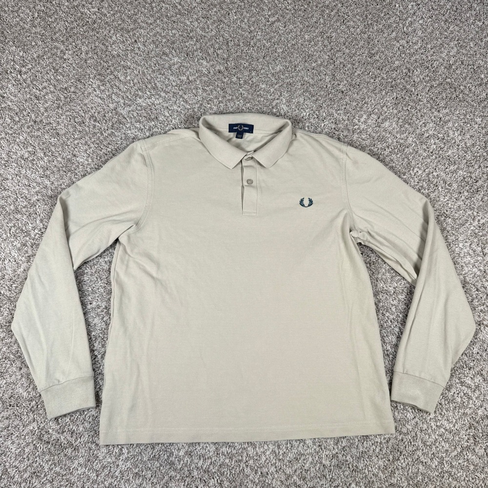 Fred Perry Polo Shirt Mens Large Tan 100% Cotton Long Sleeve Pique Preppy Mod
